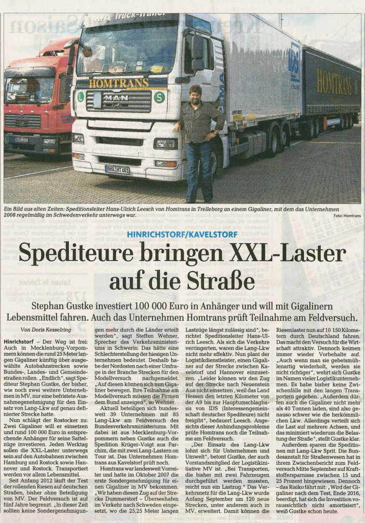 Lang-Lkw Bericht Ostsee-Zeitung